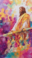 Vivid watercolor portrait of jesus on a colorful background watching people with compassion highlighting connection and spiritual presence