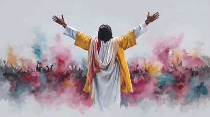 Joyful expression of jesus with outstretched arms in front of a crowd at a wedding feast captured in emotionally rich watercolor art