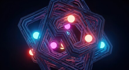 Abstract Geometric Structure with Glowing Spheres in Futuristic Design