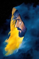 Dramatic watercolor scene of jesus in the clouds calming the storm capturing spiritual power and divine presence in expressionistic style