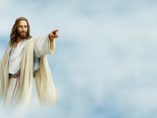 Expressionistic watercolor depiction of jesus pointing at the sky in a dramatic scene capturing spiritual significance and emotion
