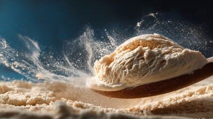 Ice cream spooned from carton, backlit, airy frame