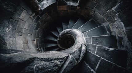 Dark stone spiral staircase descending into darkness