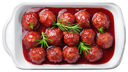 Delicious Homemade Meatballs in Savory Tomato Sauce Garnished with Fresh Rosemary