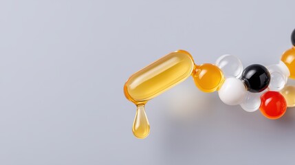 Detailed view of a capsule with a drop of liquid perfectly balanced on top captured in a soft focus style with pastel tones
