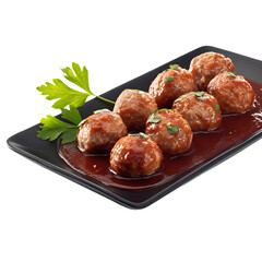 Delicious Homemade Meatballs in Savory Tomato Sauce on Black Plate Garnished with Parsley