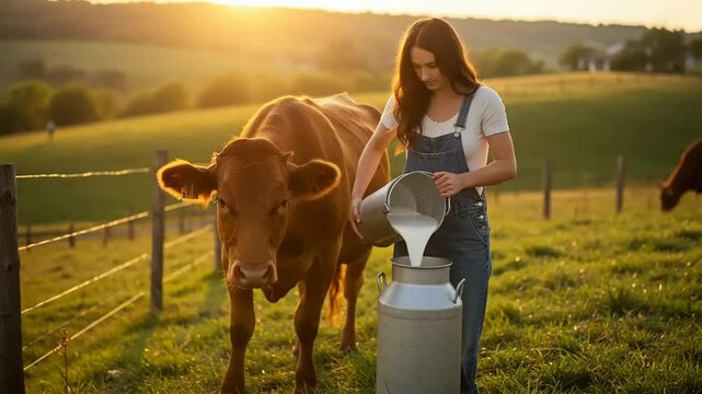Woman milking cow sunset farm.