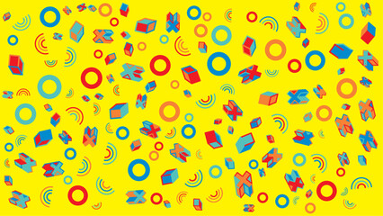 Vibrant yellow background with colorful geometric shapes. Vector for abstract background, presentation, website, and creative poster.