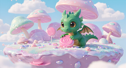 Cute fantasy creature flying in dreamy pink sky with floating islands and cotton candy clouds
