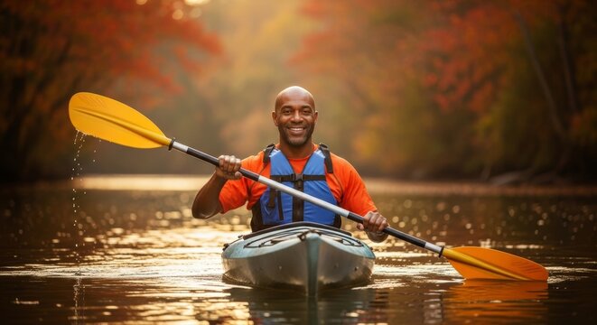 A 40-year-old man with dark skin kayaks on a calm river, surrounded by vibrant autumn foliage, enjoying a peaceful outdoor adventure at golden hour.