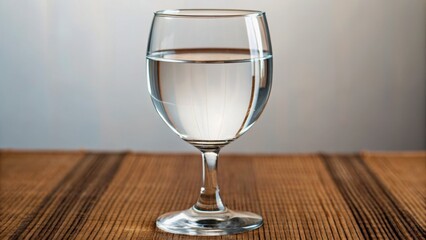 A clear glass of water sits on a wooden surface, reflecting light and showcasing its clarity against a neutral background.