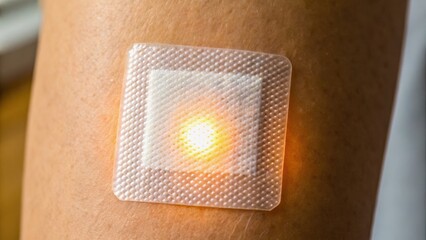 A skin patch emitting light, potentially used for medical or health monitoring, applied on a person's arm.