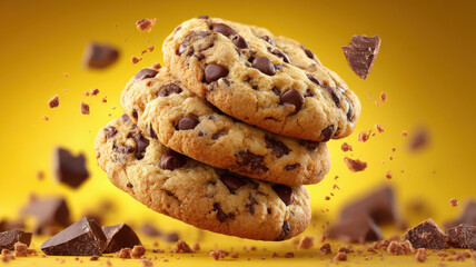 sweet chocolate chip cookies on yellow background