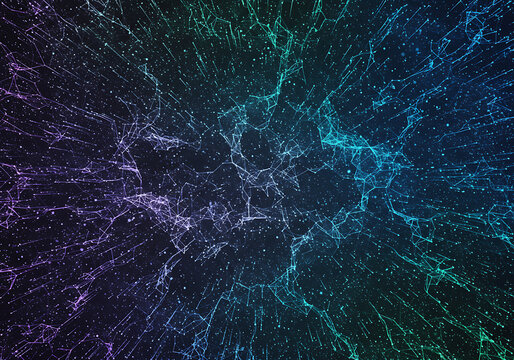 Dynamic abstract particle network in a cosmic web, featuring intricate glowing connections against a dark gradient background, evoking themes of digital data and universal interconnectedness