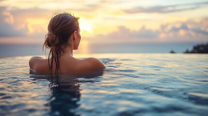 Woman relaxes in infinity pool at sunset