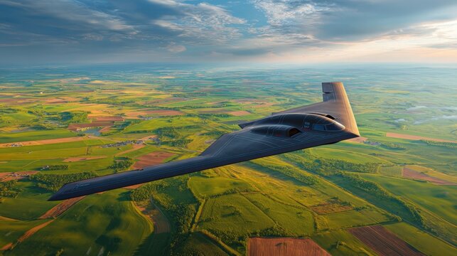 Majestic B 2 Spirit Stealth Bomber Soaring Over Lush Green Landscape at Sunset