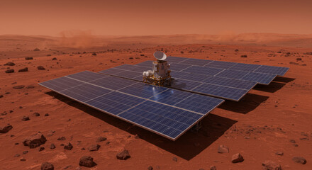 Robotic explorer with solar panels on the dusty red surface of an alien planet.