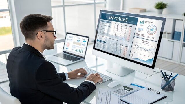 Business analyst reviewing invoices with futuristic touchscreen interface, financial reports and deadlines on screen