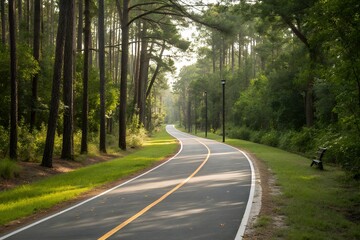 Fototapeta premium Scenic Paved Trail Winding Through Lush Green Forest