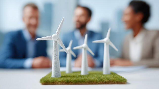 Miniature wind turbines on grass with business professionals discussing esg strategy and target for sustainable energy solutions in office