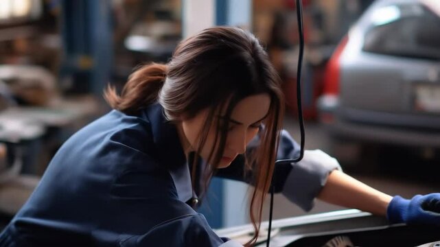 Female mechanic in blue uniform examines car engine in garage, seeking repair solutions. Automotive service expert focused on vehicle.