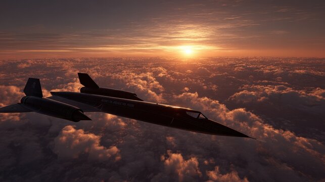 Blackbird SR 71 Spy Plane Soaring Above Sunset Cloudscape Dramatic Aerial View