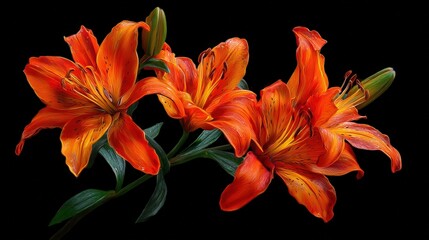 Obraz premium Vibrant Orange Lilies Blooming Close up of Three Stunning Flowers Isolated on Black Background