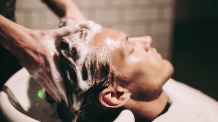 A young Caucasian man with light brown hair receives a shampoo treatment at a salon. Water and foam are visible, creating a relaxing atmosphere.