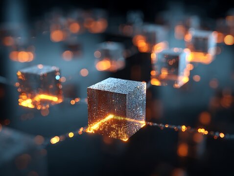 Glowing interconnected cubes with orange light in a dark futuristic digital network