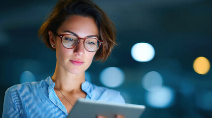 Young woman with glasses using tablet at night, focused on esg strategy and target for business success