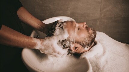 A young Caucasian man receives a hair wash at a salon. Water and shampoo create foam as a stylist gently massages his scalp.
