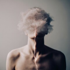 A person with a cloud for a head and a lightning bolt striking down their torso. The background is neutral and minimalistic, emphasizing the surreal concept.