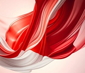 AI generated image of Indonesian red and white flag abstract background, flowing silk texture, dynamic brush strokes, soft gradient, patriotic atmosphere, minimalist yet bold