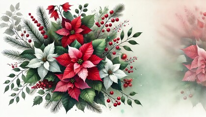 A festive Christmas-themed watercolor painting featuring a bouquet of poinsettia flowers