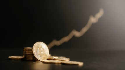 Golden Bitcoin coins stacked on a dark surface with a rising graph line in the background. Represents cryptocurrency and financial growth.