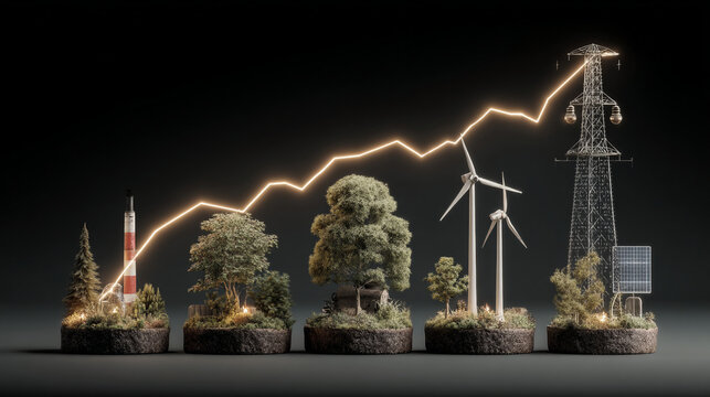Energy sources on soil platforms connected by a rising electrical line graph trend