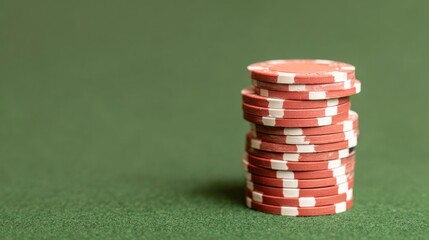 A stack of red poker chips with white stripes on a green felt surface. The chips are arranged neatly, emphasizing a gambling theme.