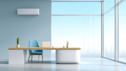 Naklejka na ściany i meble Modern office with large window, blue wall, esg strategy target, minimalist desk, natural light, and city view create calm workspace