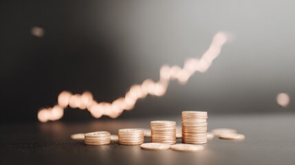 Stacks of coins on a dark surface with a rising graph line in the background. The scene represents financial growth and investment concepts.