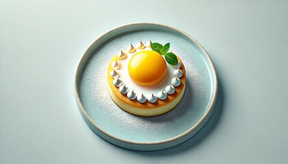 An artistic dessert resembling a sunny-side-up egg on a pastel blue ceramic plate against a plain white background