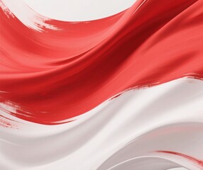AI generated image of Indonesian red and white flag abstract background, flowing silk texture, dynamic brush strokes, soft gradient, patriotic atmosphere, minimalist yet bold