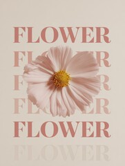 A close-up of a pink flower with a yellow center against a soft beige background. The word 'FLOWER' is repeated in a subtle pattern behind it.