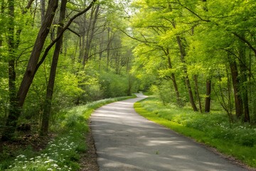 Obraz premium Winding asphalt path through a lush green forest with sunlight filtering through the trees