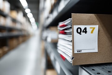 Paper files labeled vat stored on warehouse shelves