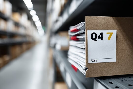 Paper files labeled vat stored on warehouse shelves