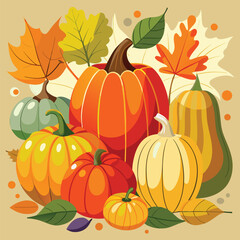Naklejka premium Vector illustration of an autumn pumpkin background with fall leaves, perfect for Halloween, Thanksgiving, or harvest season designs
