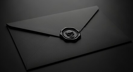 Elegant black envelope sealed with a wax stamp, placed on a smooth, reflective surface. A mysterious and formal concept evoking secrecy, luxury, or special invitations. Blackmail. Black-mail.
