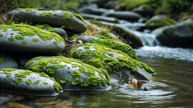 Emerald Lichen Carpets Stones by a Tranquil Brook with Soothing Water Ripples