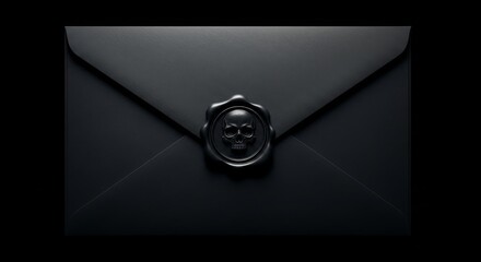 Elegant black envelope sealed with a wax stamp, placed on a smooth, reflective surface. A mysterious and formal concept evoking secrecy, luxury, or special invitations. Blackmail. Black-mail.