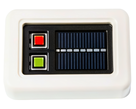 Solar-powered remote control with red and green buttons on a transparent background